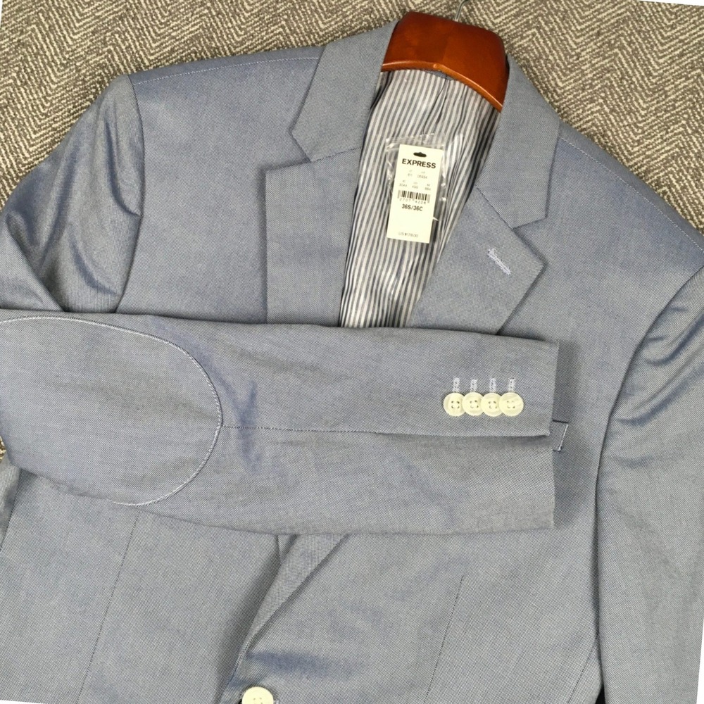 Express Photographer Fitted Blazer Light Blue Cotton Elbow Patches 36 Short NWT